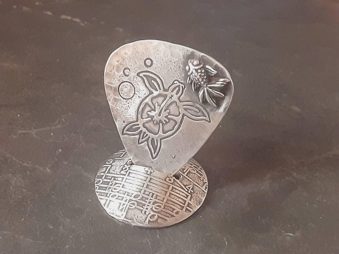 Unique one of a kind guitar pick in sterling silver and stand combination with turtle and 3D fish