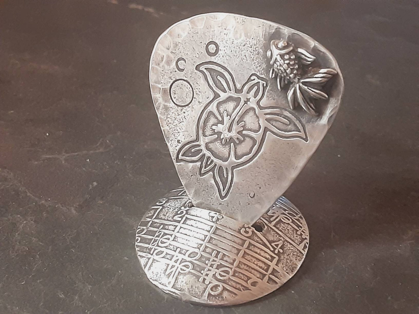 Unique one of a kind guitar pick in sterling silver and stand combination with turtle and 3D fish