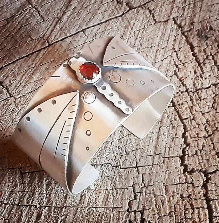 Sterling silver dragonfly bracelet with 8 mm red Garnet birthstone