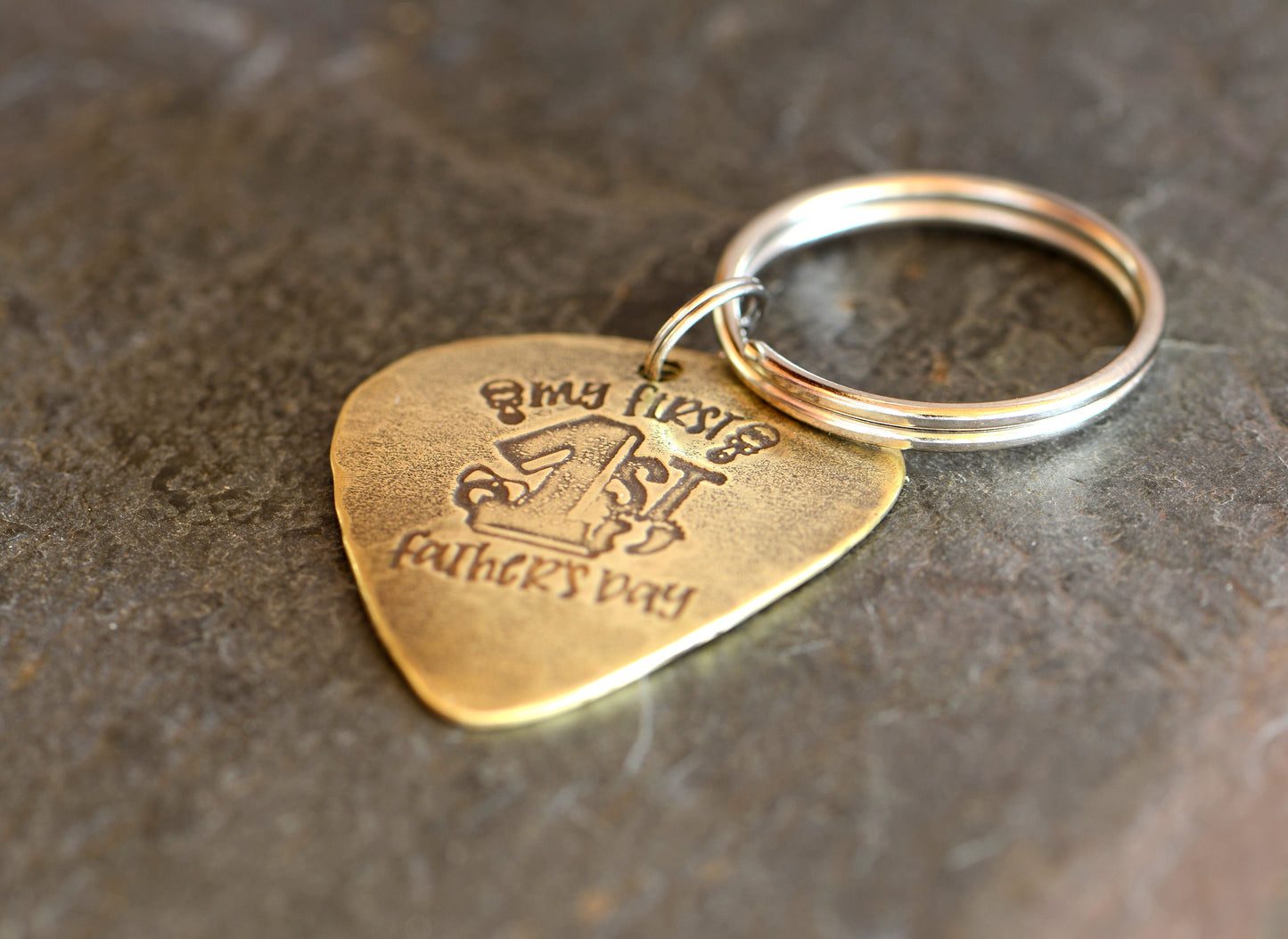 Guitar pick key chain to celebrate dads first fathers day in bronze or your choice of metals