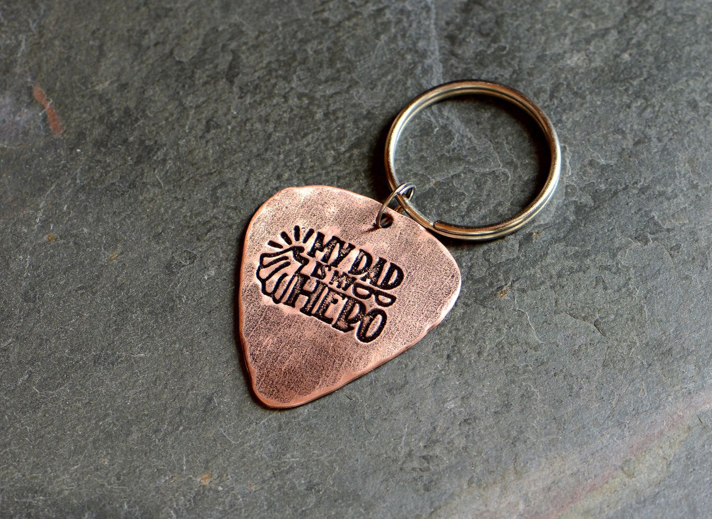 Copper guitar pick key ring with my dad is my hero