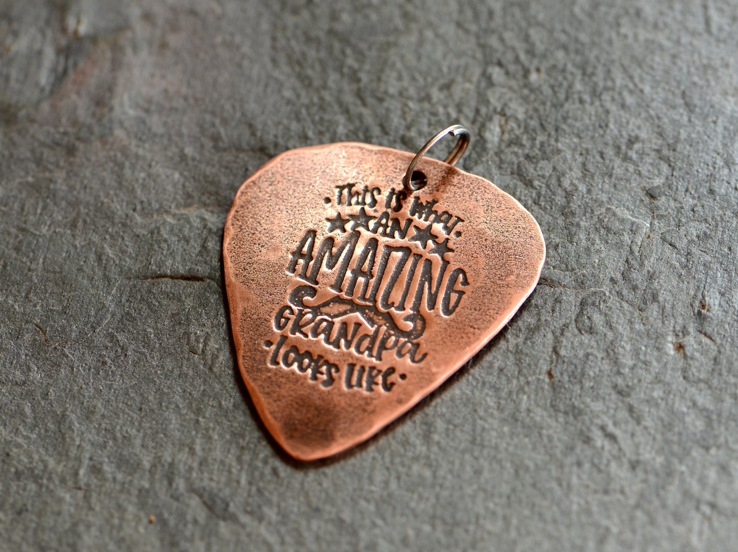 Grandpa guitar pick necklace in copper