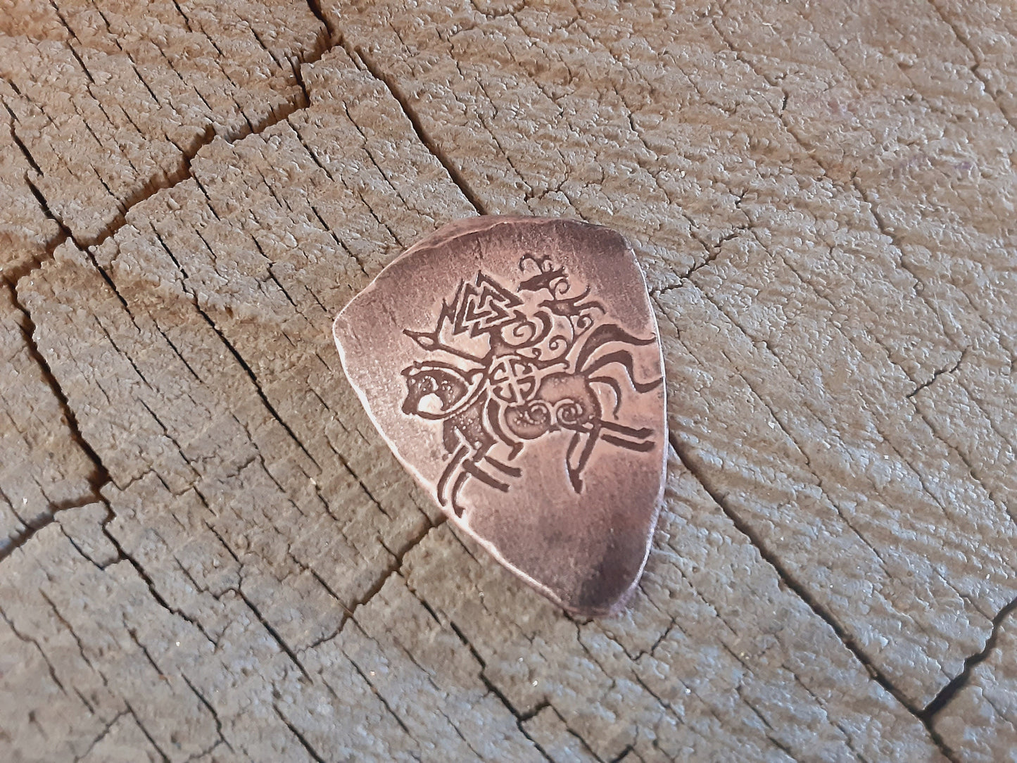 Copper shield style guitar pick with 8 legged horse Sleipnir