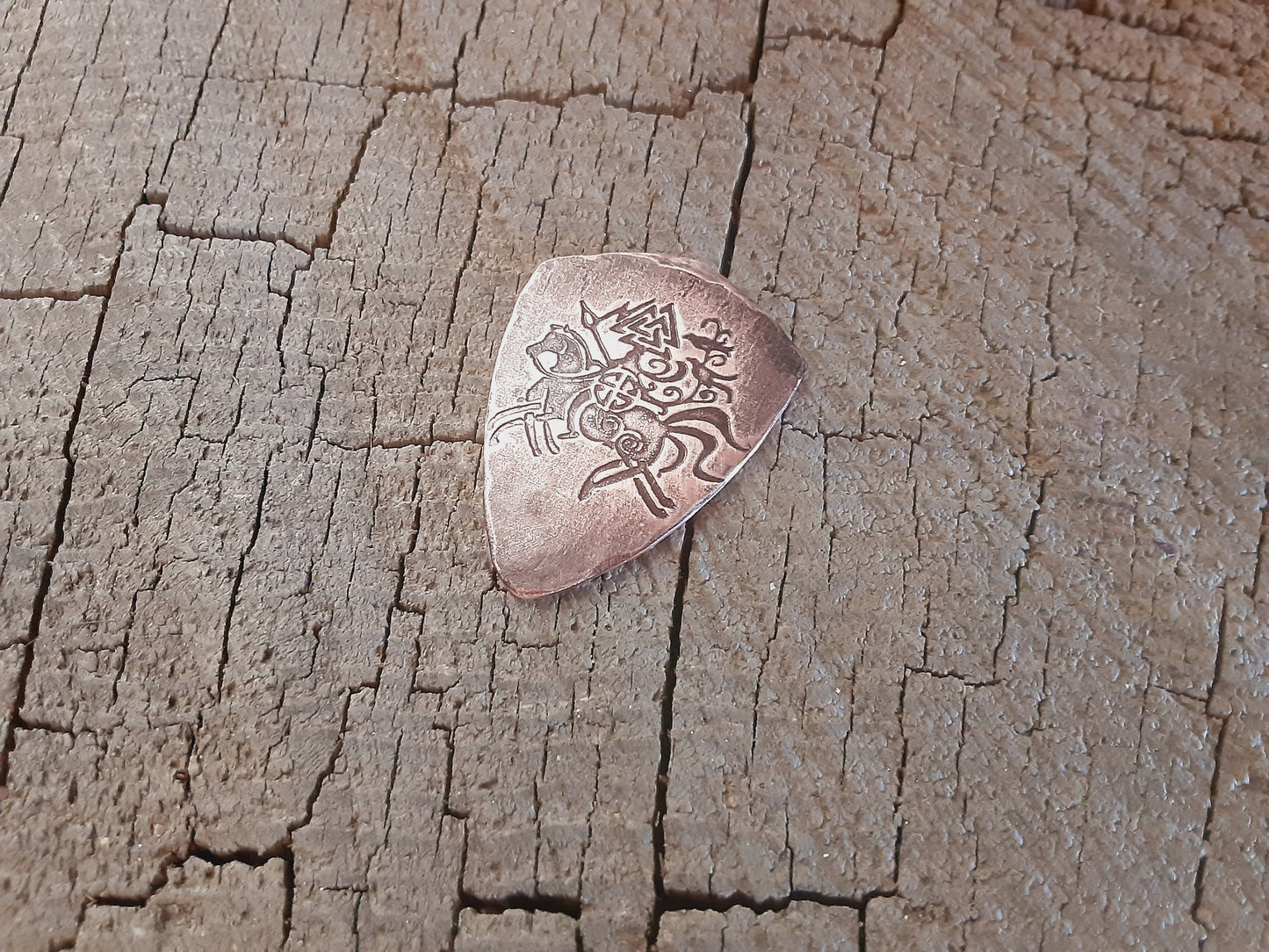 Copper shield style guitar pick with 8 legged horse Sleipnir