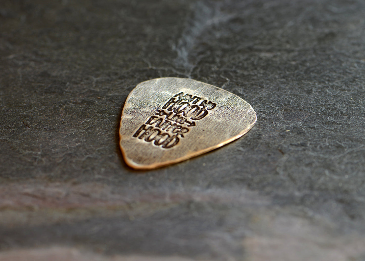 Guitar pick for dad in rustic brass