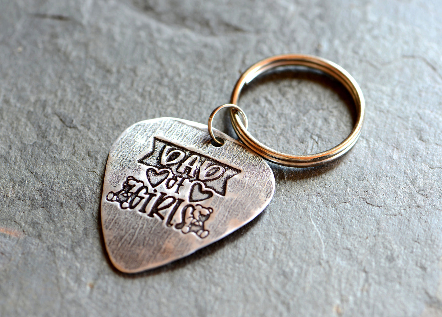 Sterling silver guitar pick keychain stamped with Dad of Girls