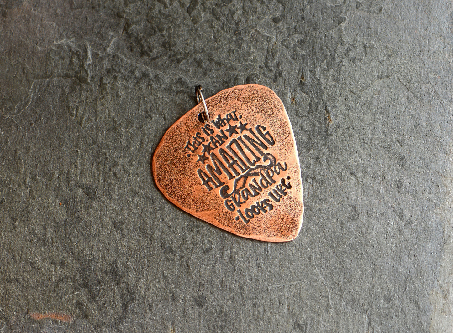 Grandpa guitar pick necklace in copper