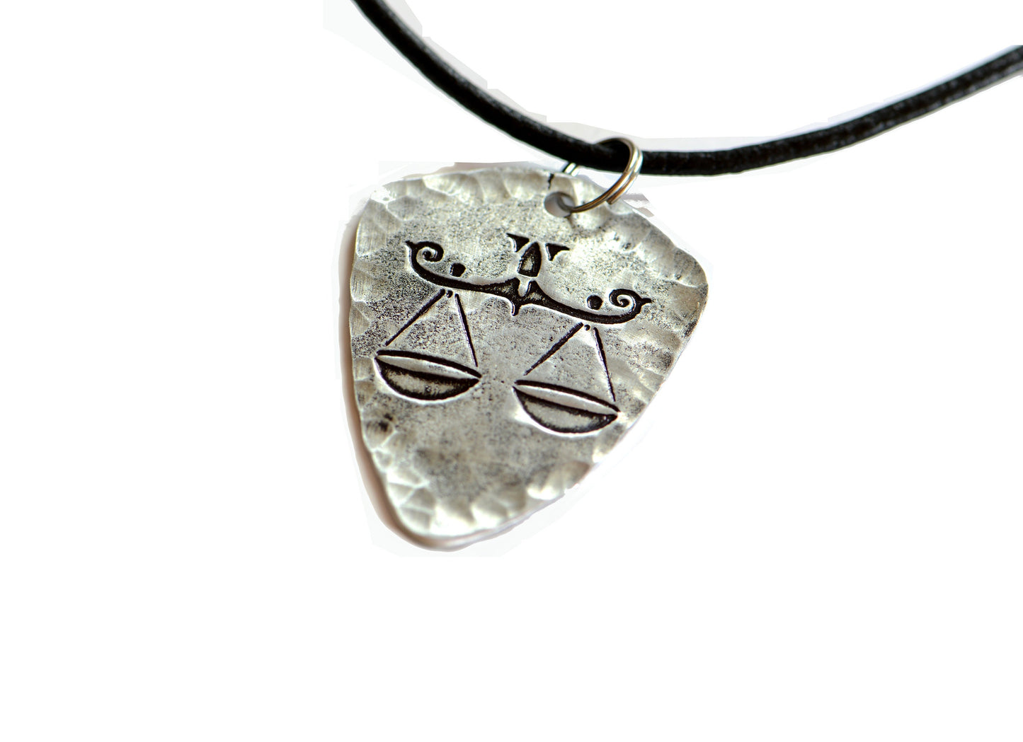 Libra Zodiac Sign on shield shaped charm necklace in sterling silver