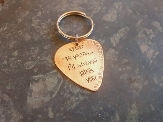 Bronze guitar pick keyring -a gift idea for 8th or 19th anniversary
