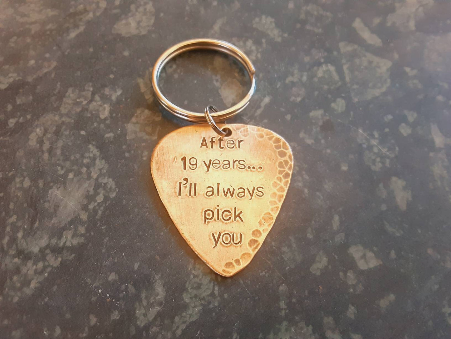 Bronze guitar pick keyring -a gift idea for 8th or 19th anniversary