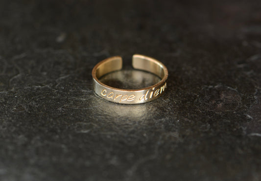 Yellow 14k gold toe ring stamped with carpe diem - can be worn as a midi ring or pinky ring