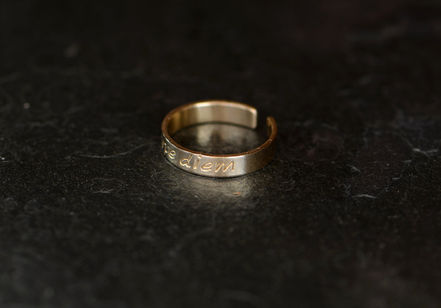 Yellow 14k gold toe ring stamped with carpe diem - can be worn as a midi ring or pinky ring