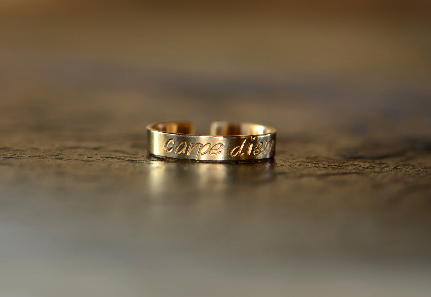 Yellow 14k gold toe ring stamped with carpe diem - can be worn as a midi ring or pinky ring