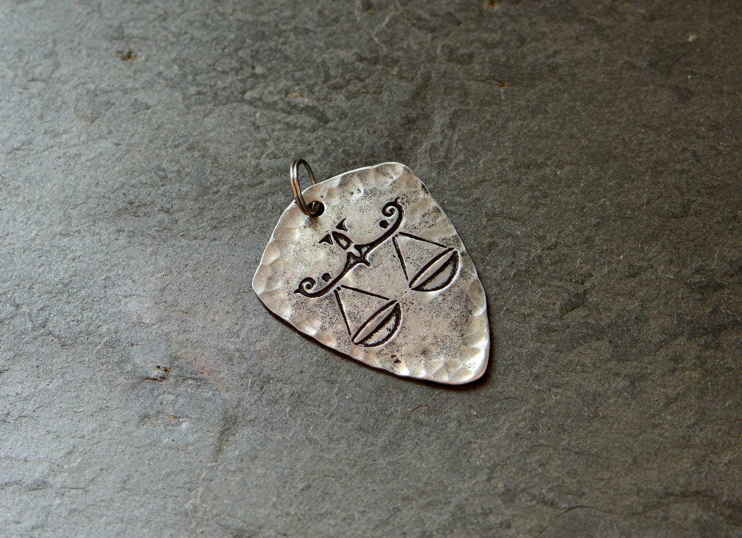 Libra Zodiac Sign on shield shaped charm necklace in sterling silver