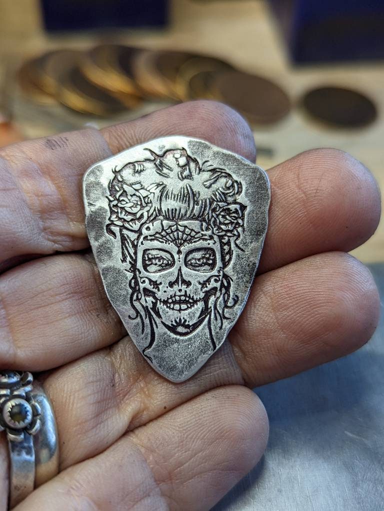Sterling silver shield guitar pick with Day of the Dead theme