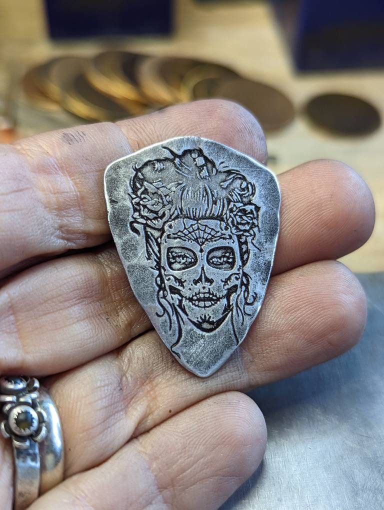 Sterling silver shield guitar pick with Day of the Dead theme