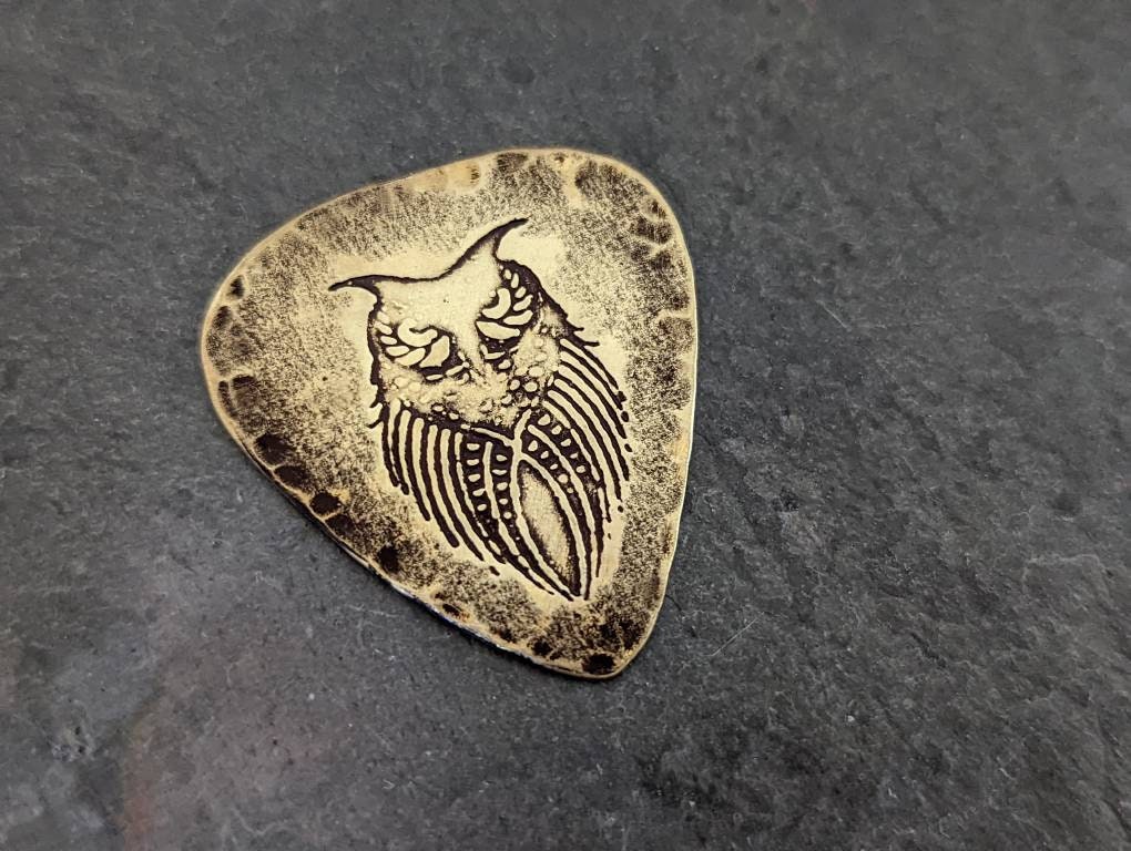 Owl on brass guitar pick