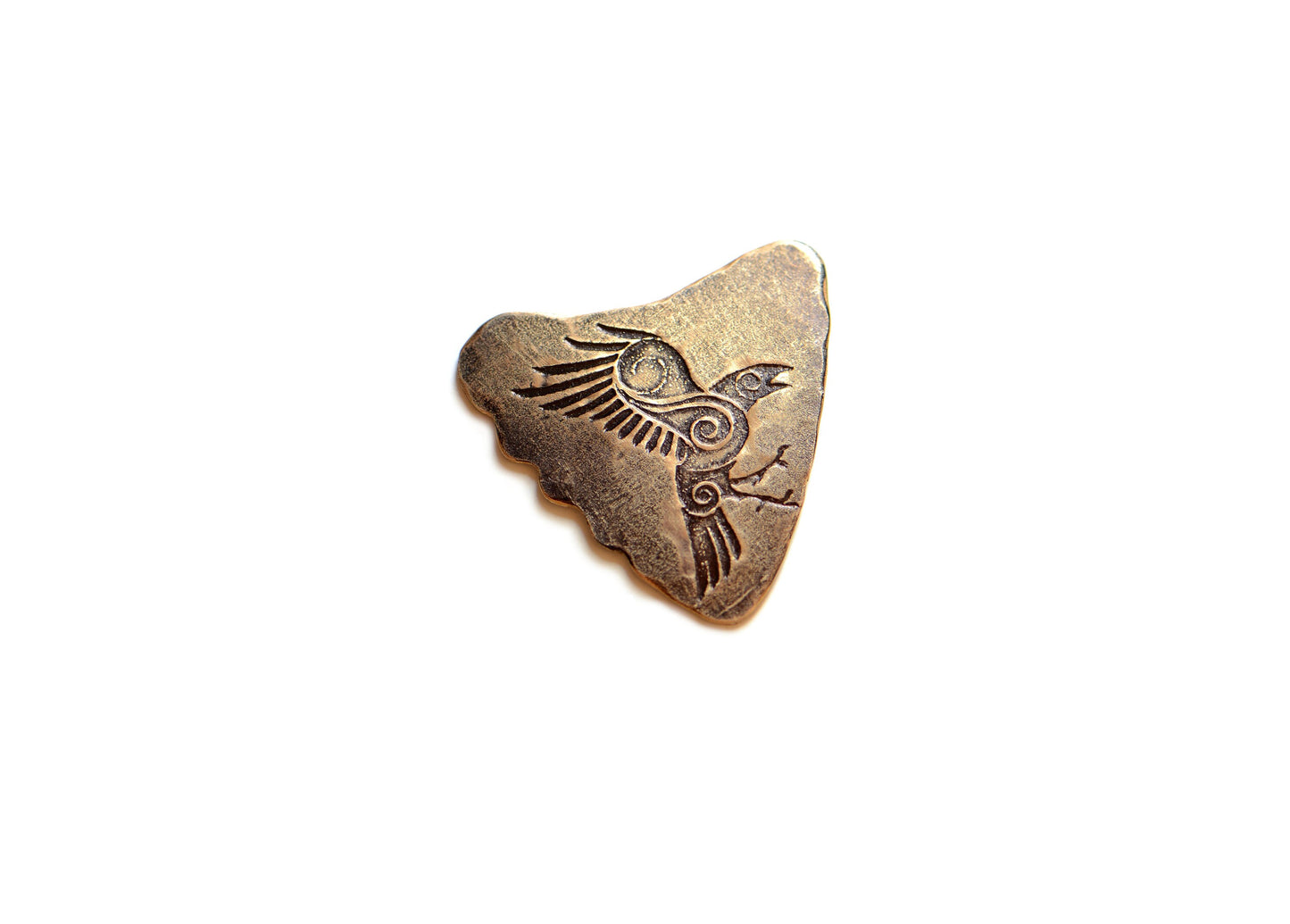 Shark fin bronze guitar pick with Norse raven