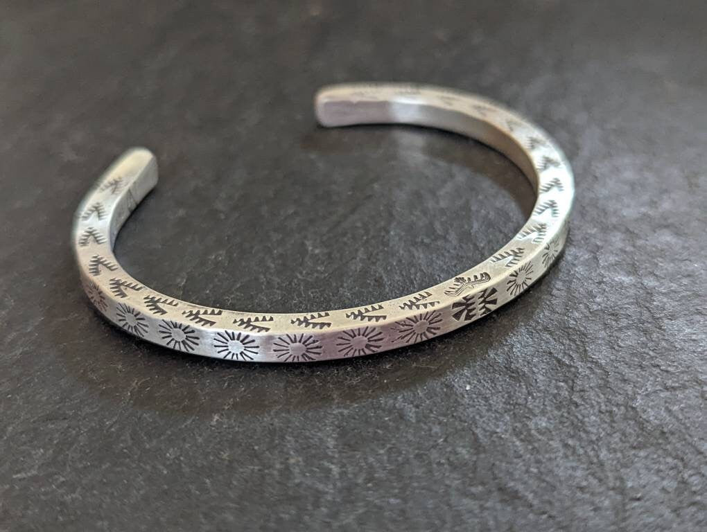 Sterling silver solid square cuff bracelet with hand stamped southwestern design