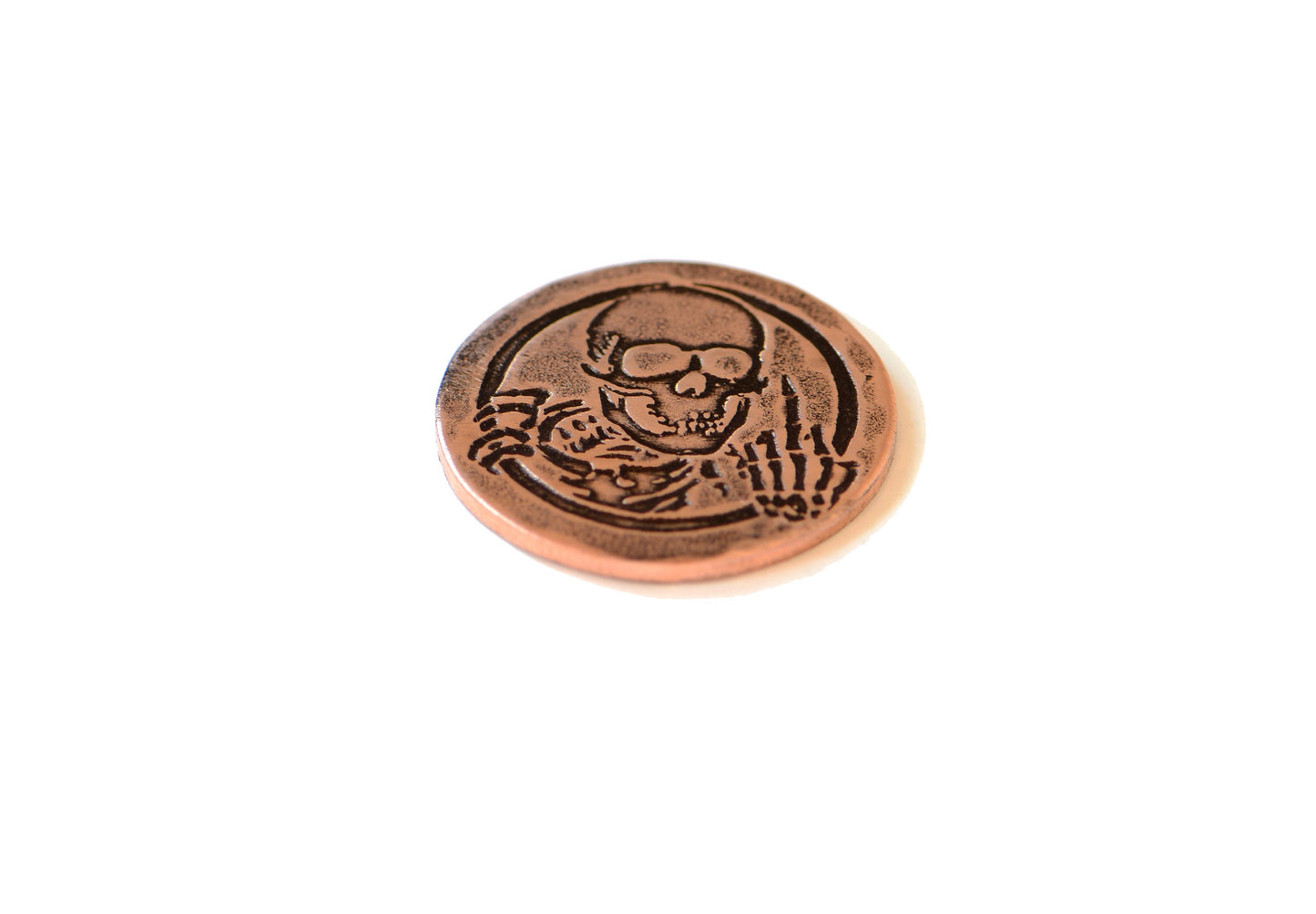 copper golf ball marker with skeleton and middle finger - Lottery scratcher - copper token - flipping the bird