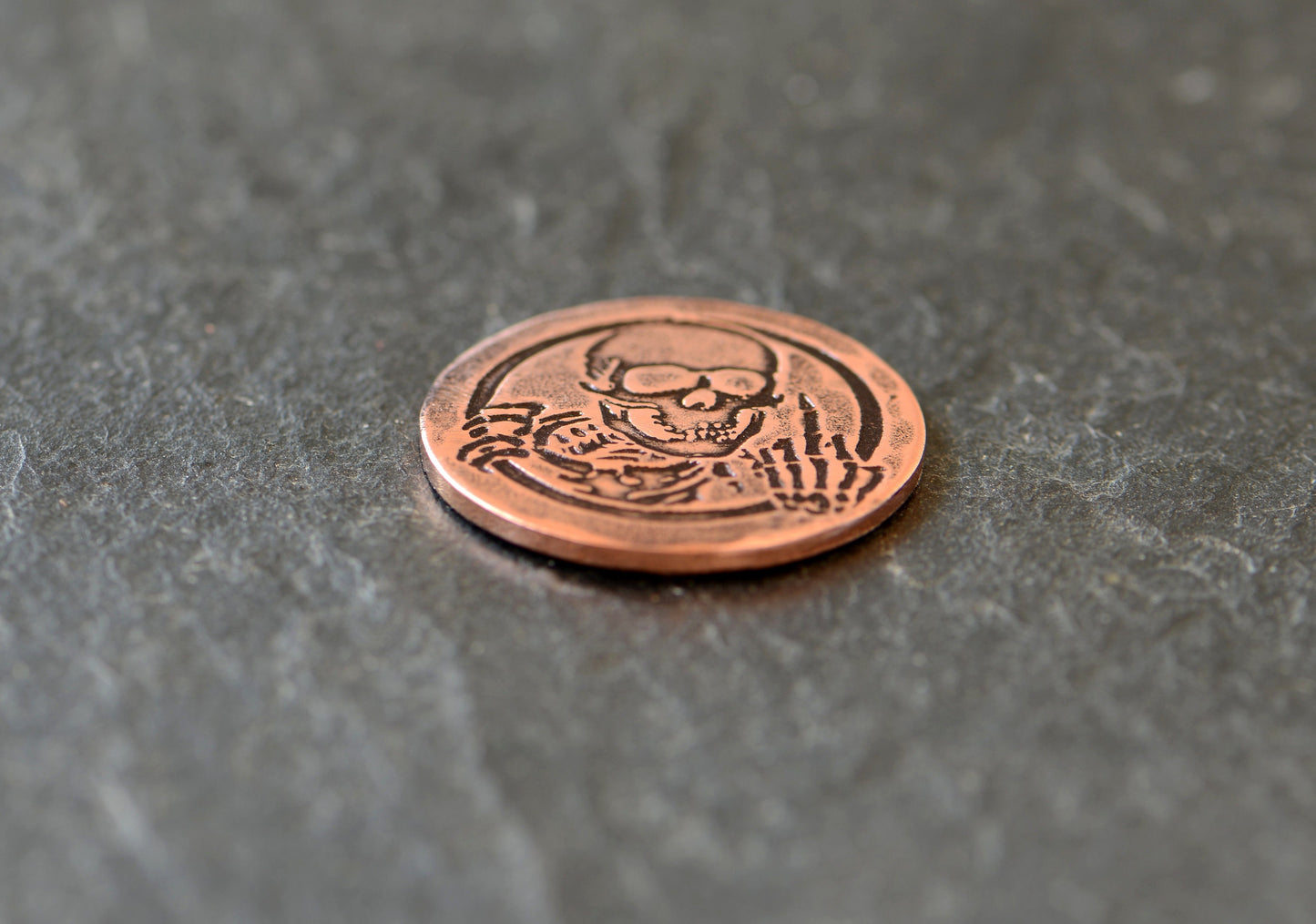 copper golf ball marker with skeleton and middle finger - Lottery scratcher - copper token - flipping the bird