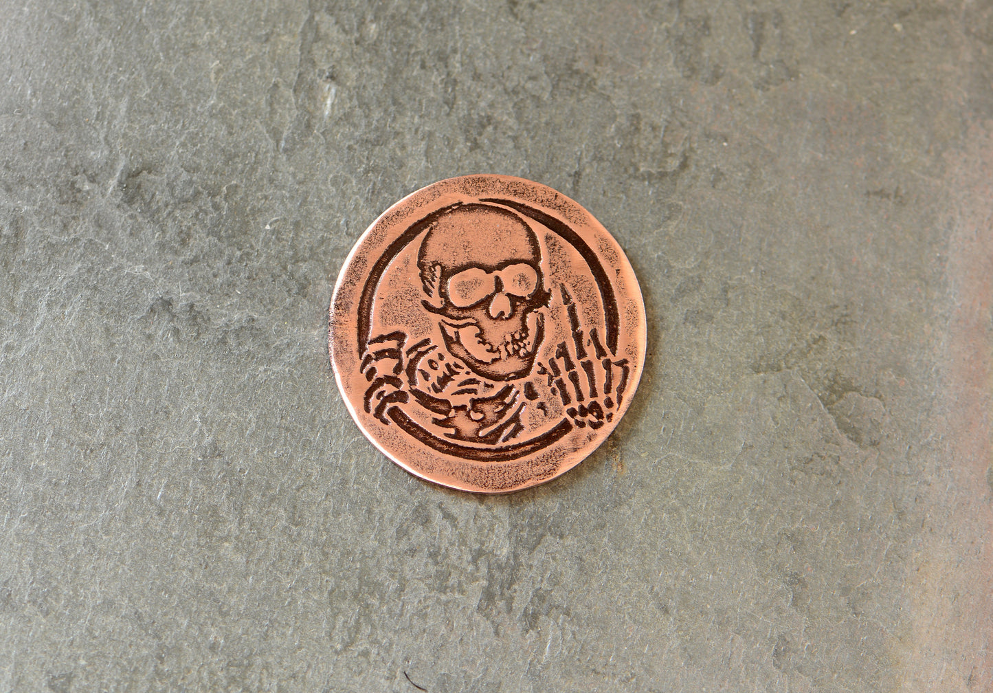copper golf ball marker with skeleton and middle finger - Lottery scratcher - copper token - flipping the bird