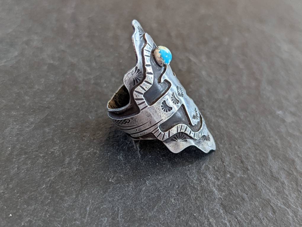 Sterling silver saddle ring - large with thunderbird and American mined Turquoise - NiciArt