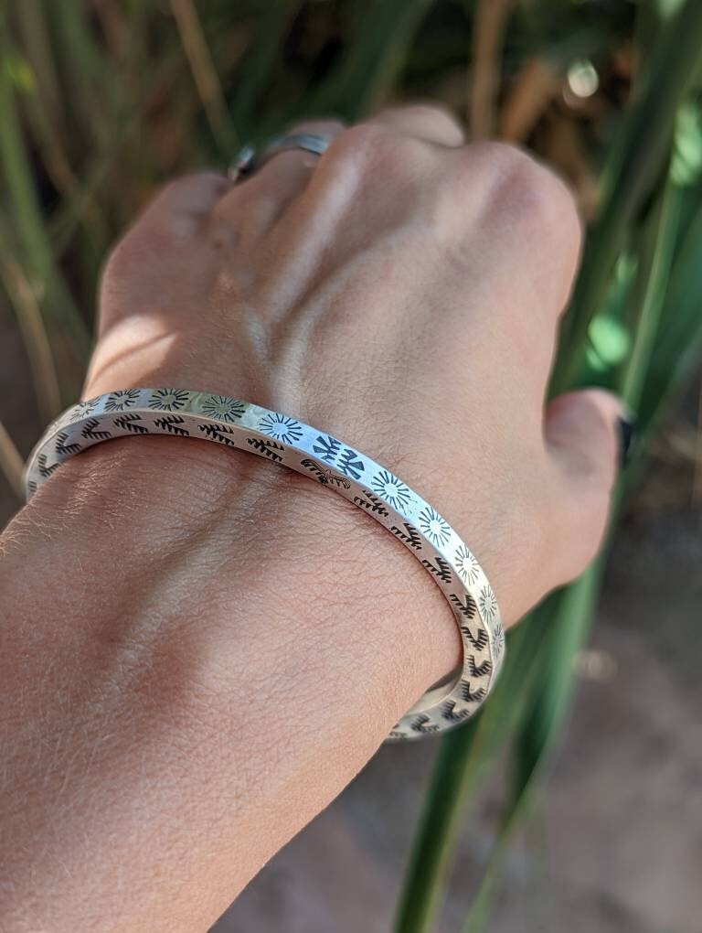 Sterling silver solid square cuff bracelet with hand stamped southwestern design