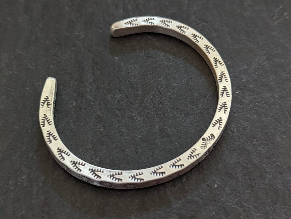 Sterling silver solid square cuff bracelet with hand stamped southwestern design