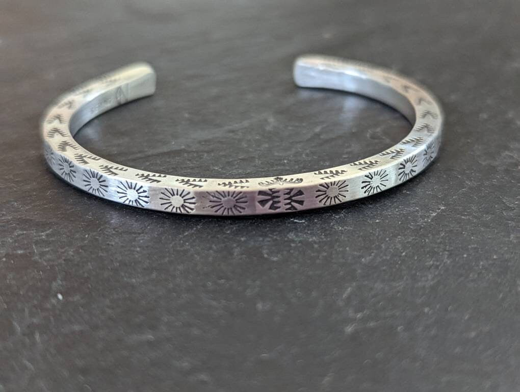 Sterling silver solid square cuff bracelet with hand stamped southwestern design