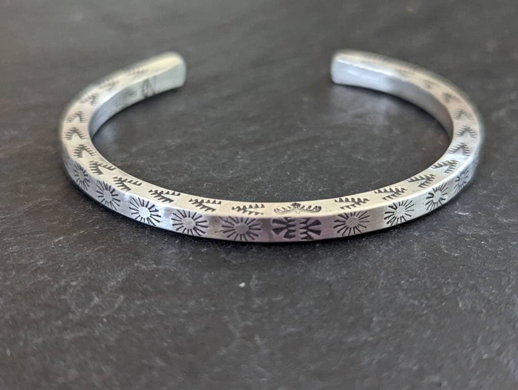 Sterling silver solid square cuff bracelet with hand stamped southwestern design