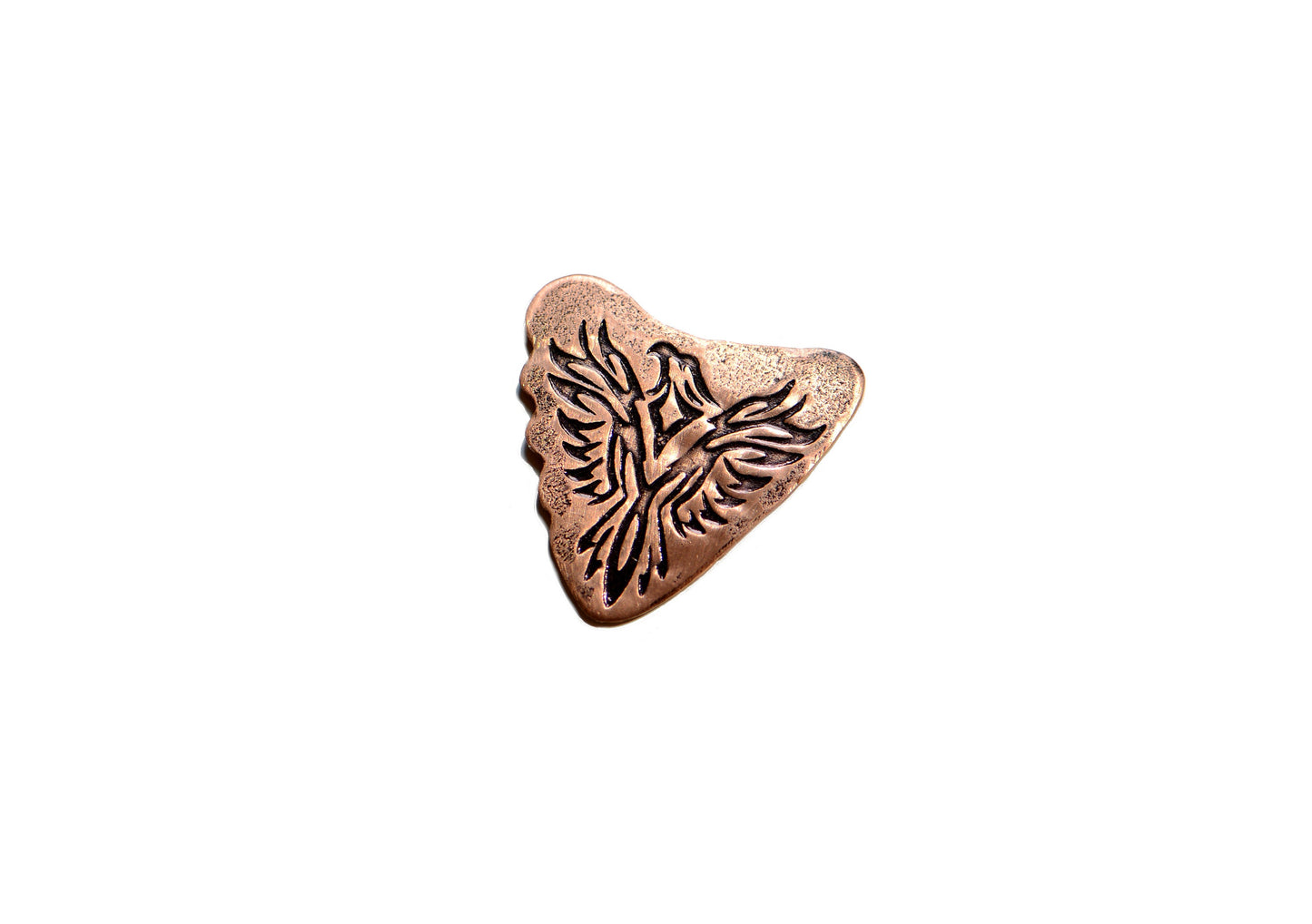Shark tooth copper guitar pick with a Phoenix