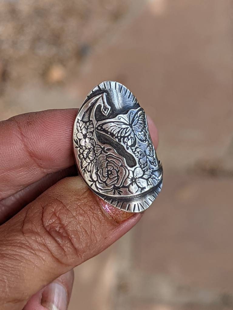 Butterfly moon and flower sterling silver saddle ring