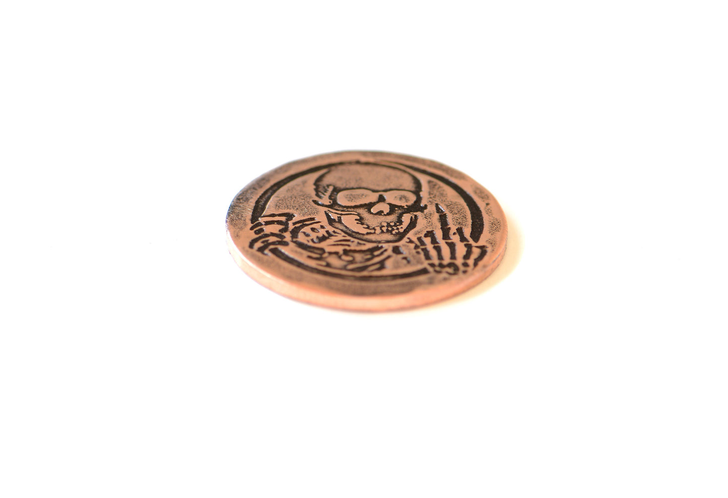 copper golf ball marker with skeleton and middle finger - Lottery scratcher - copper token - flipping the bird