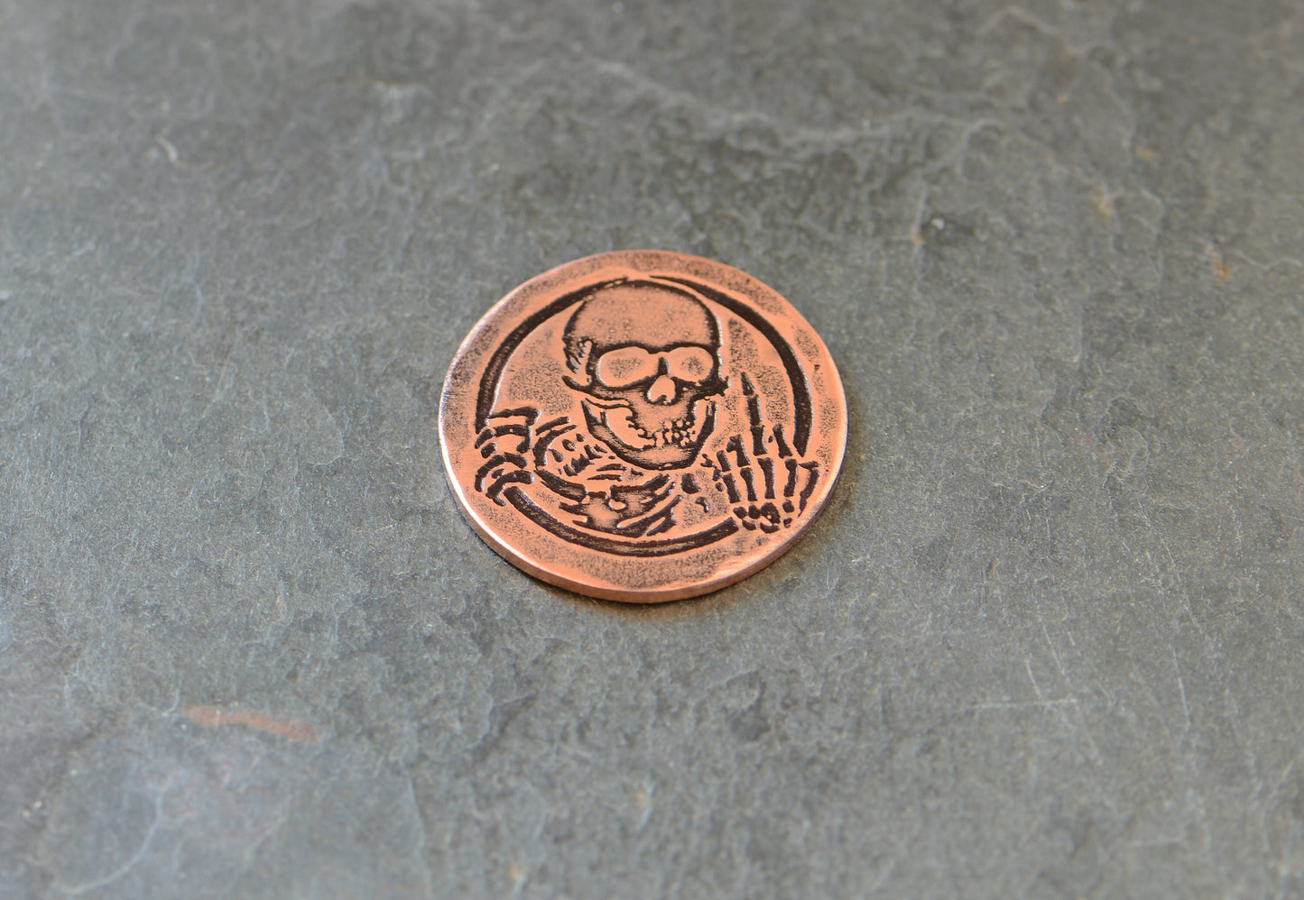copper golf ball marker with skeleton and middle finger - Lottery scratcher - copper token - flipping the bird