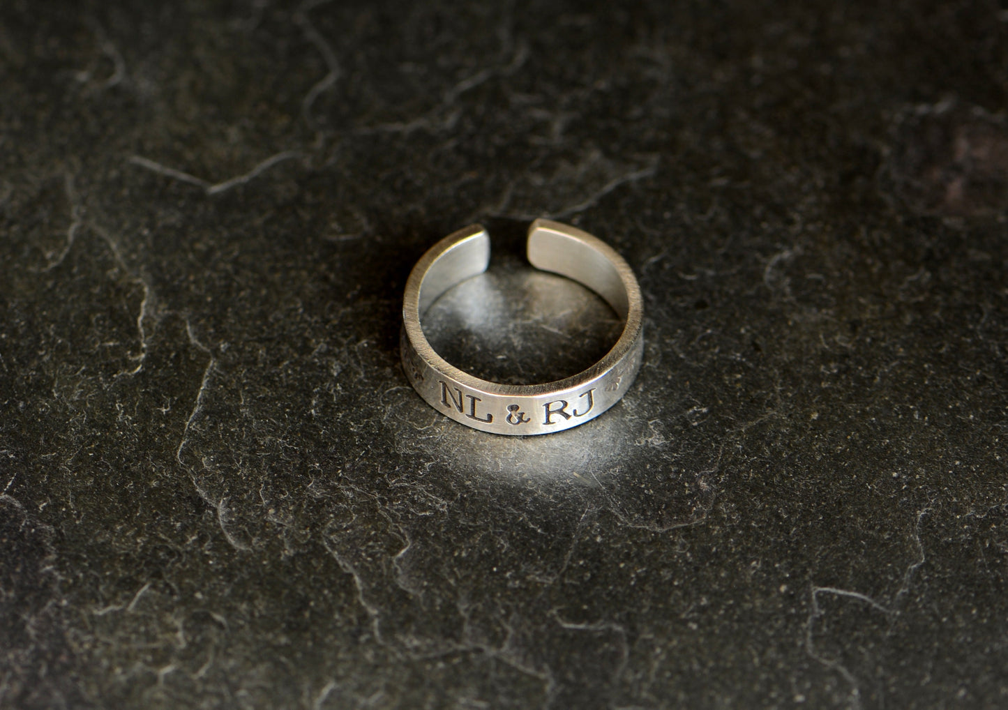 custom sterling silver toe ring with initials and small stars
