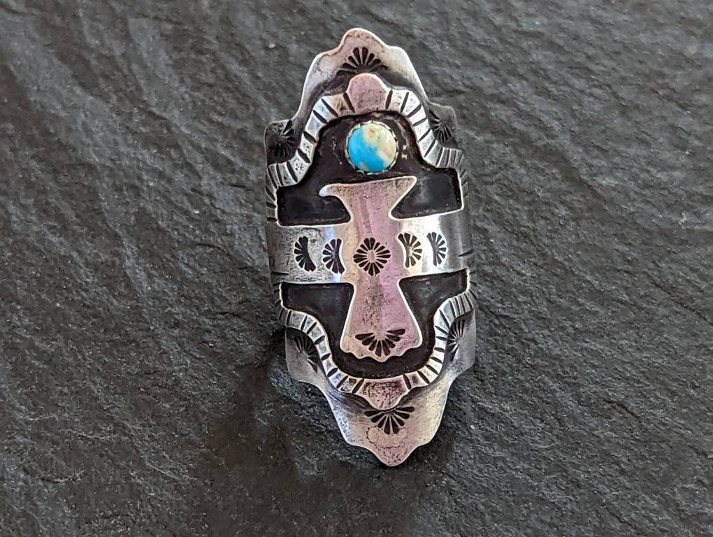 Sterling silver saddle ring - large with thunderbird and American mined Turquoise - NiciArt