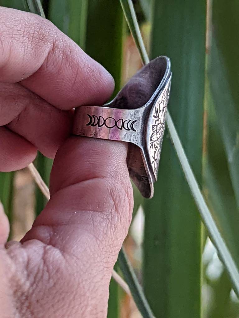 Butterfly moon and flower sterling silver saddle ring