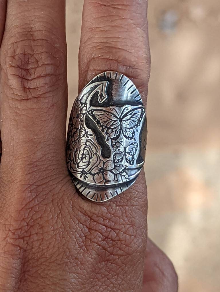 Butterfly moon and flower sterling silver saddle ring