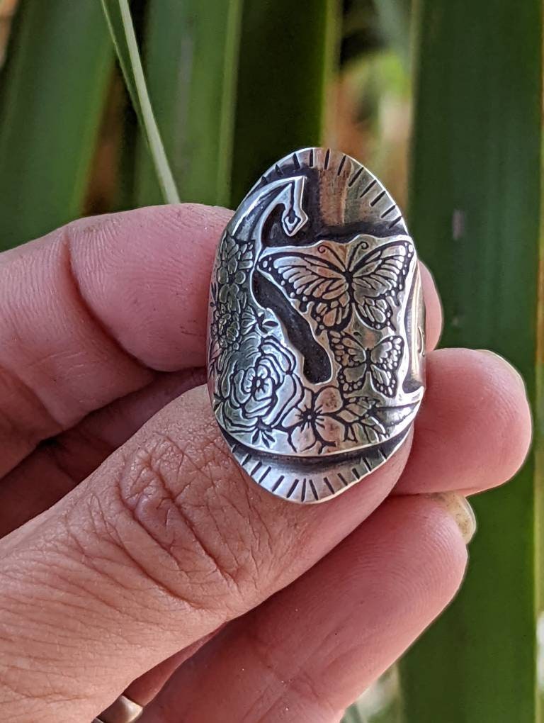 Butterfly moon and flower sterling silver saddle ring