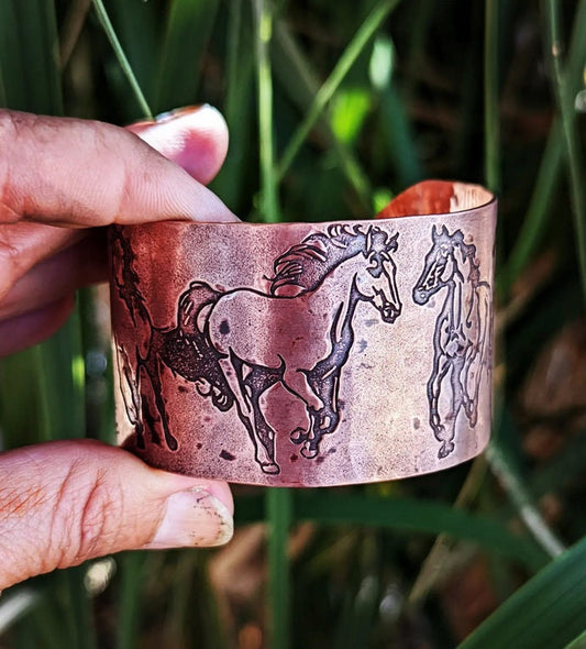 Copper cuff wide bracelet with horses