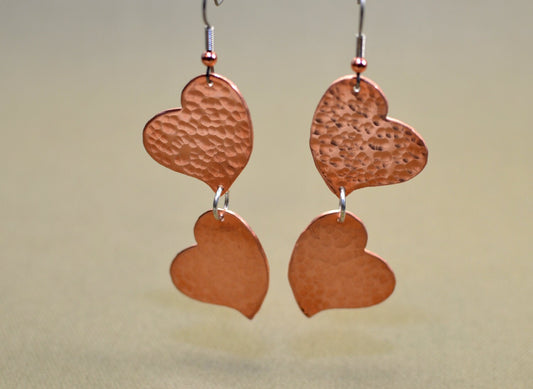 Copper double heart hammered dangle earrings