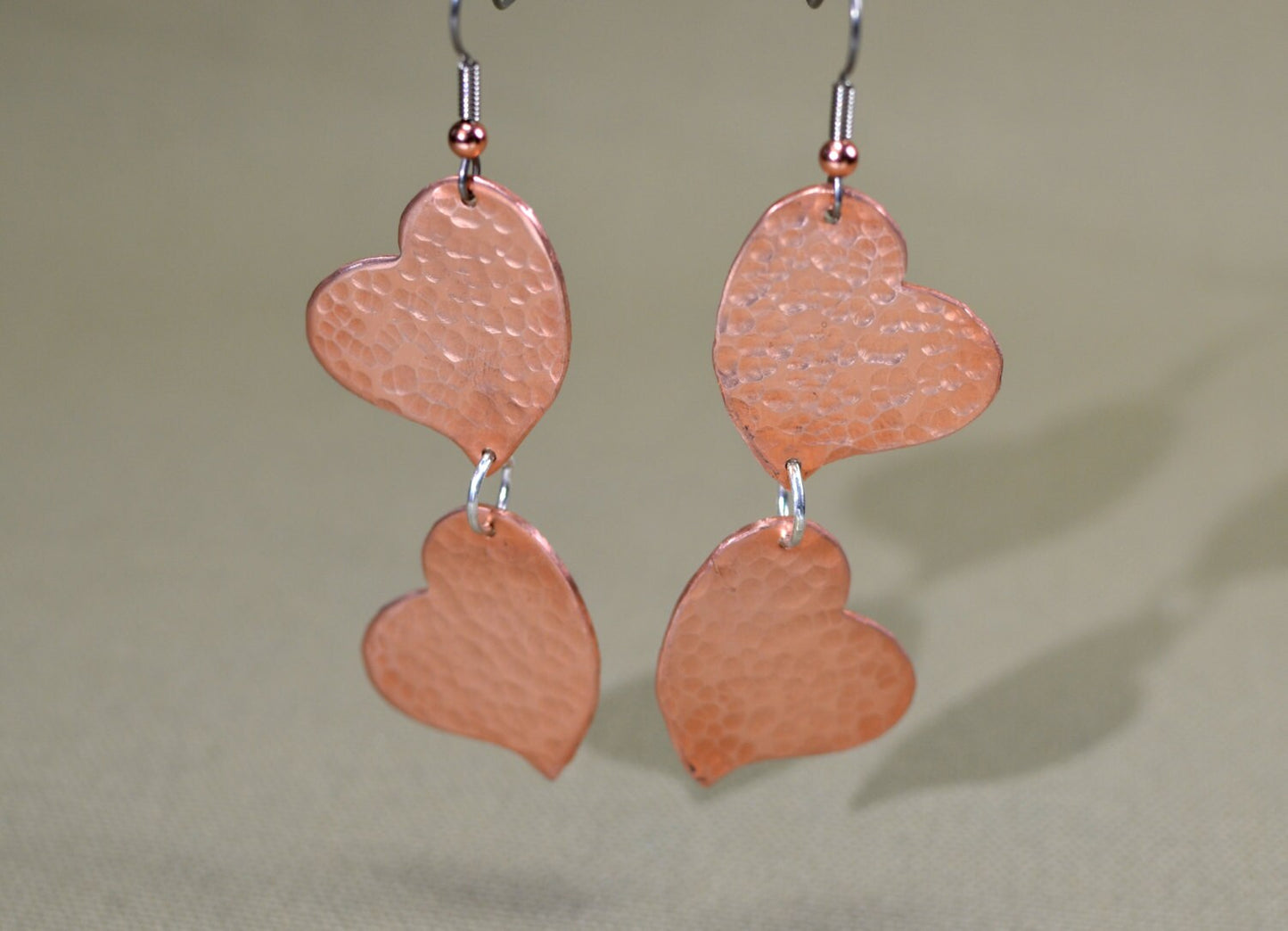 Copper double heart hammered dangle earrings