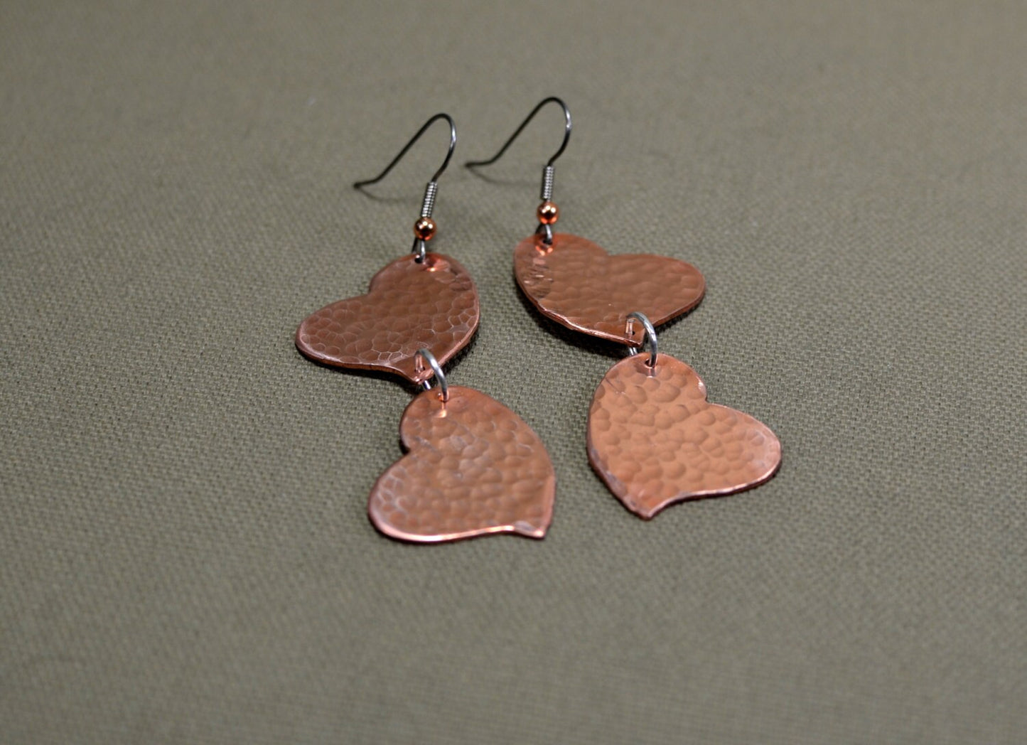 Copper double heart hammered dangle earrings