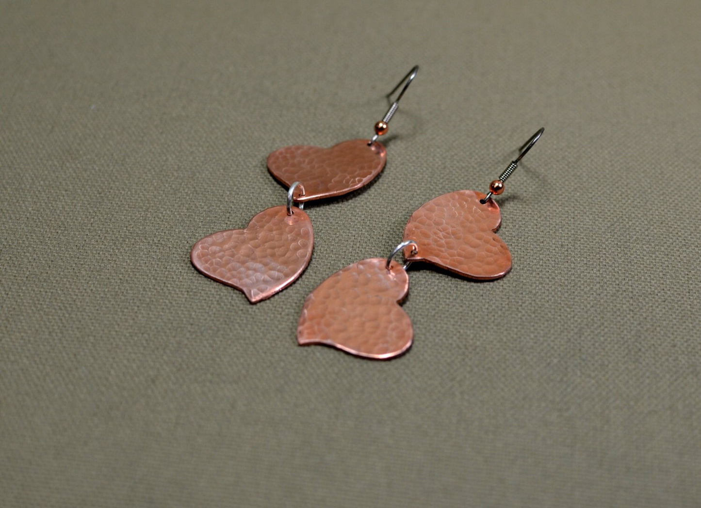 Copper double heart hammered dangle earrings