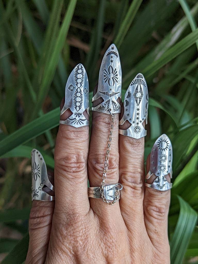 sterling silver nail armor rings  aka goth style nail rings with middle finger ring and chain