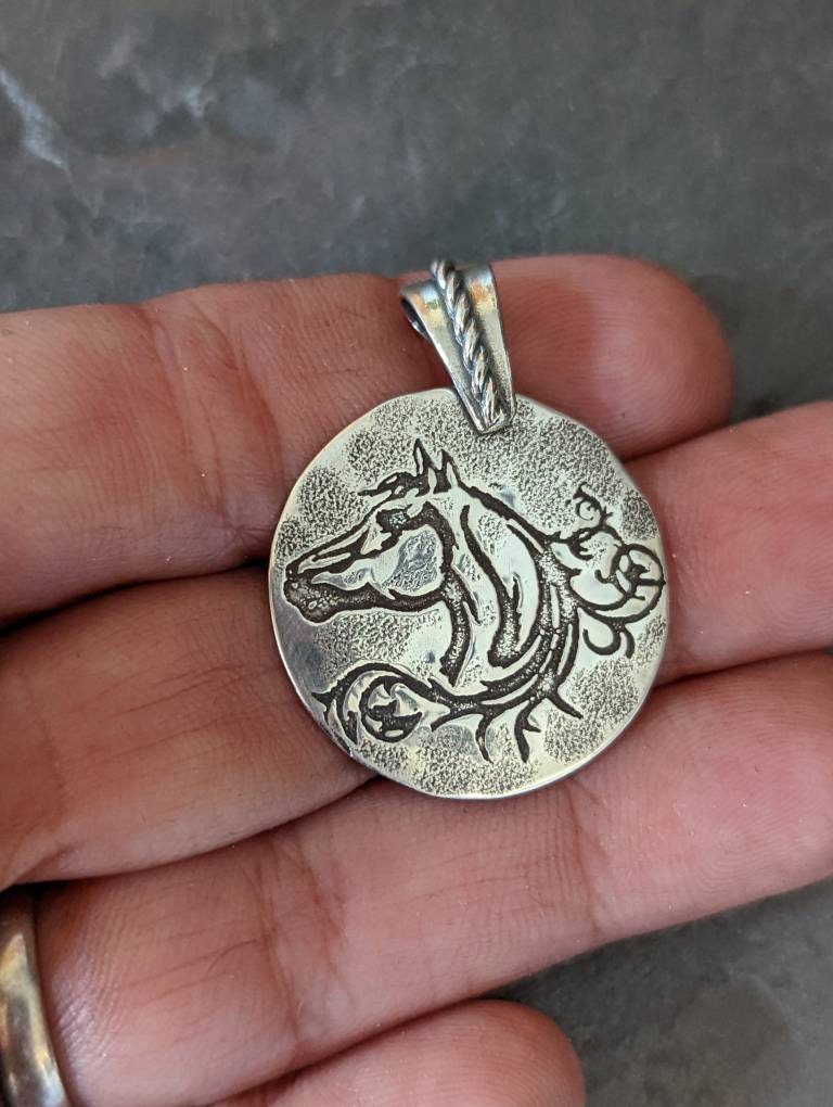 Sterling silver horse necklace with bail and hammered texture