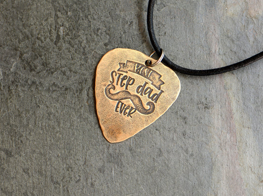 guitar pick pendant - playable with best stepdad ever - gift for step dad - bronze guitar pick necklace charm