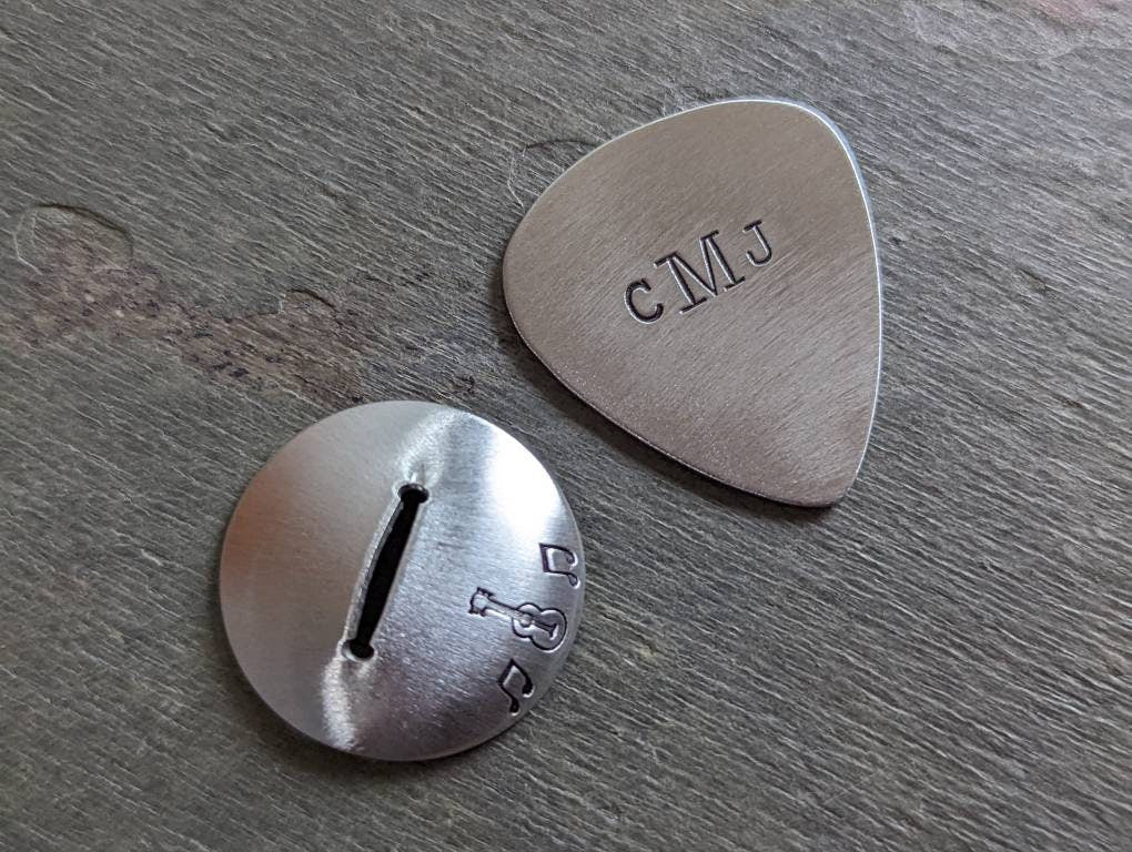 Sterling silver guitar pick and stand with Monogram