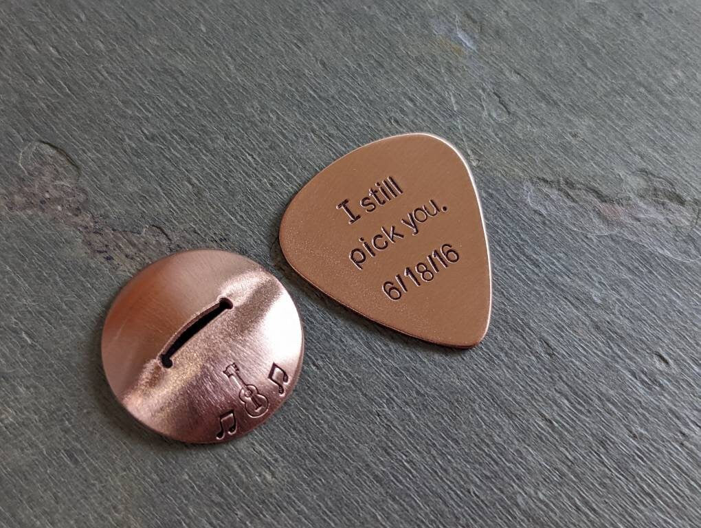 I still pick you copper anniversary guitar pick with guitar pick stand